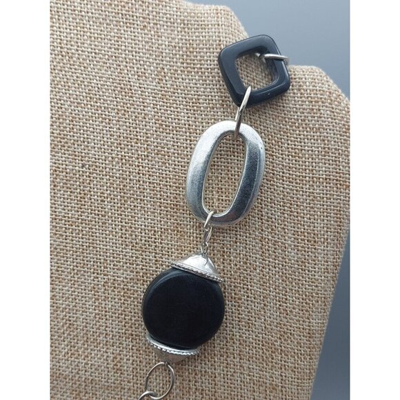 Black Silver Tone Station Statement Necklace Chain Front Toggle Tassel Pendants - Picture 6 of 11